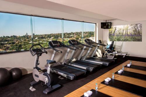 a gym with a row of tread machines in front of a window at Southern Sun Hyde Park Sandton in Johannesburg