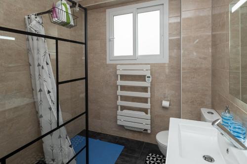 une salle de bain avec une douche, des toilettes et un lavabo dans l'établissement Villa Brelevenez 7 chambres Spa Piscine Jardin, à Lannion
