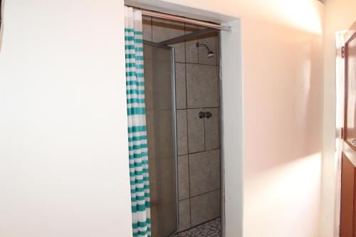 W łazience znajduje się prysznic ze szklanymi drzwiami. w obiekcie Hollywood Lodge w mieście Steinkopf