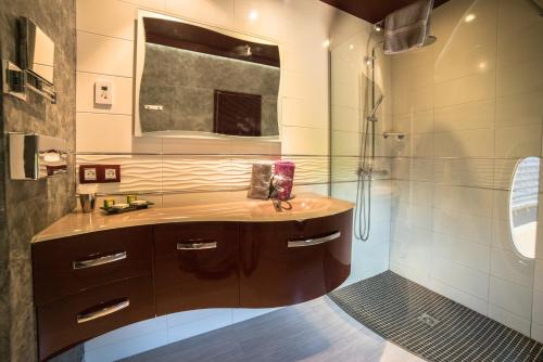 a bathroom with a sink and a shower at Le Domaine Des Chevaliers De Malte in Villedieu-les-Poëles