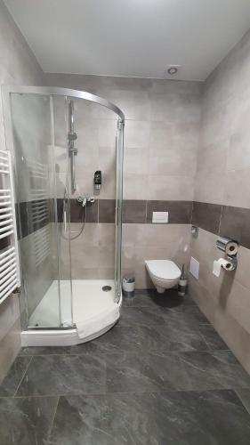 een badkamer met een douche en een toilet bij Ski & Wake Resort Těrlicko in Dolní Těrlicko