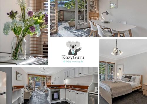 a collage of pictures of a kitchen and a living room at KozyGuru | Glebe | Cozy 2 Bedroom Stunning Terrace House in Sydney