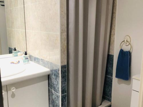 une salle de bain avec un rideau de douche et un lavabo dans l'établissement Appartement T2 à Arcachon à 400m de la plage avec balcon et parking privé - FR-1-433-48, à Arcachon