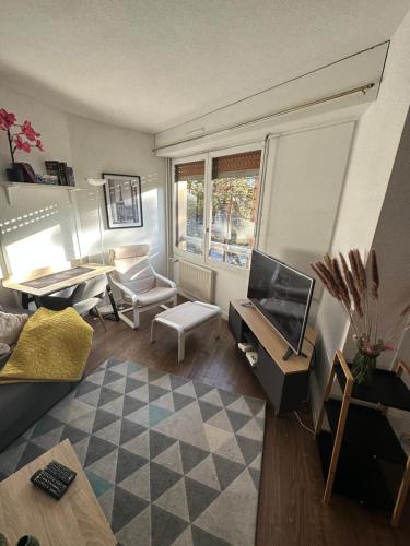 a living room with a couch and a television at Studio Élégant à Cergy in Cergy
