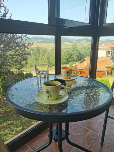 Ein Glastisch mit zwei Tassen darauf vor einem Fenster in der Unterkunft PENEMA in Zlatibor