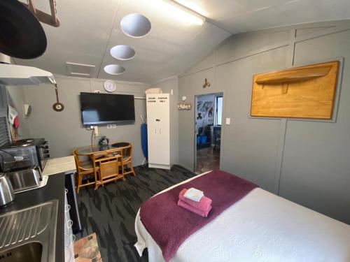 een ziekenhuiskamer met een bed en een televisie bij On the water boat House in Whangarei