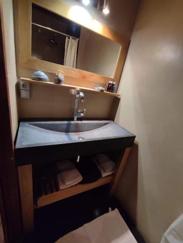 une salle de bain avec un lavabo et un miroir dans l'établissement Appartement dans maison de pays pour 5 personnes, à Chamonix-Mont-Blanc