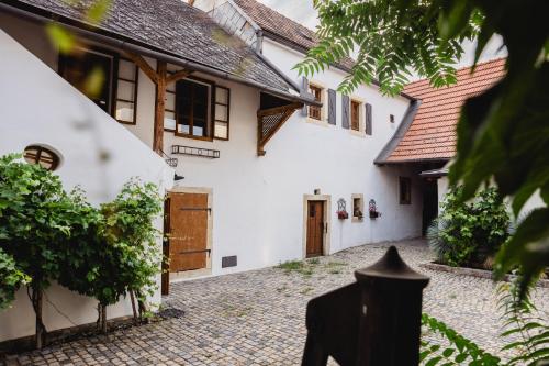 a courtyard of a house with a cobblestone street at Stadtjuwel am Neusiedlersee in Rust