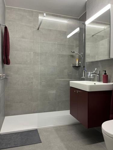 a bathroom with a shower and a sink at Mayenzett 24 in Leukerbad