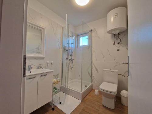 uma casa de banho com um chuveiro, um WC e um lavatório. em Apartmani Natalija 4 stars em Mrljane