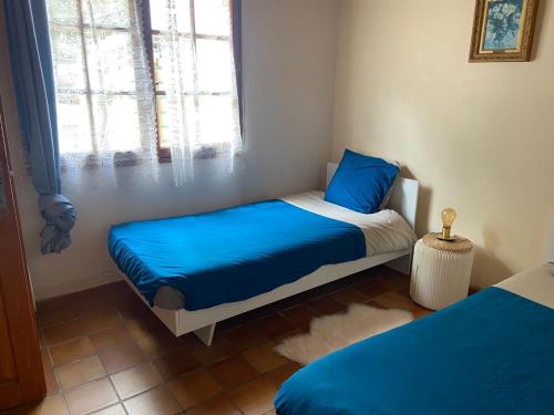 a bedroom with two beds with blue sheets and a window at Mas des Maje in Boisredon