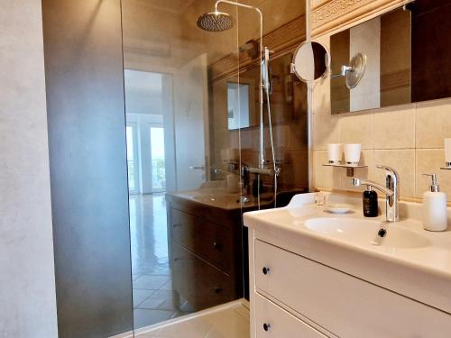 La salle de bains est pourvue d'un lavabo et d'une douche en verre. dans l'établissement Moonlight apartment, à Matulji