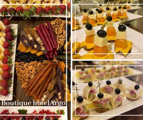 a collage of three pictures of food on display at Boutique Hotel Argo in Kutaisi