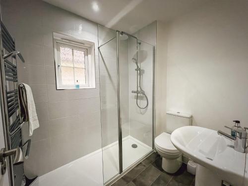 a bathroom with a shower and a toilet and a sink at Sands End in Camber