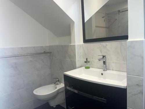 een witte badkamer met een wastafel en een toilet bij Loft Appartement Vacances in Pinet