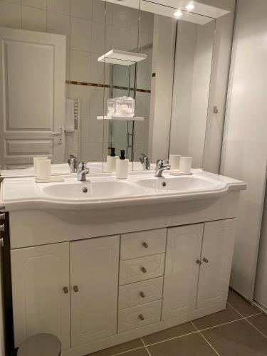 une salle de bain avec un lavabo blanc et un miroir dans l'établissement Ground Floor - Hauseman Building close to Thermes, à Luchon