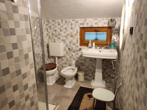 a bathroom with a sink and a toilet and a mirror at Vivere in un bosco Casa Leonardo in Villar Perosa