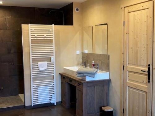 een badkamer met een wastafel en een spiegel bij Les trois pierres in Eguisheim