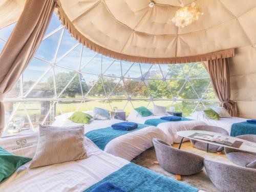 a room with four beds and a large window at GLAMP ELEMENT(グランエレメント） in Maibara