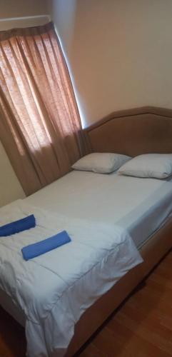 Una cama con dos almohadas azules encima. en Q one hotel, en Kampung Dengkil
