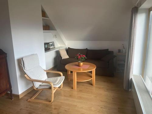 a living room with a table and a couch at Comfortable apartments - Nature, silence, coziness in Kėdainiai