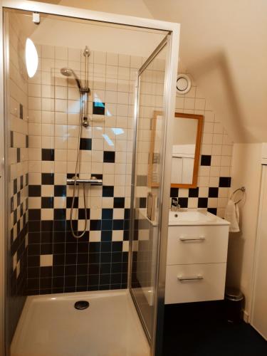 uma casa de banho com um chuveiro e um lavatório. em La Rivée 
