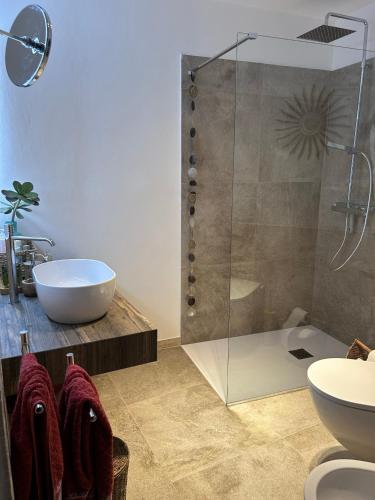 a bathroom with a shower and a toilet and a sink at Casa Zuino in Gargnano