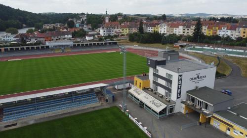 an aerial view of a soccer stadium with a field at OtavArena in Písek