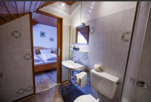 ein Bad mit einem Waschbecken, einem WC und einer Dusche in der Unterkunft Drexl Gasthof Shiro in Schondorf am Ammersee