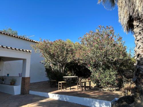 eine Terrasse mit zwei Bäumen, einem Tisch und Stühlen in der Unterkunft Rancho Burruelo in Algodonales