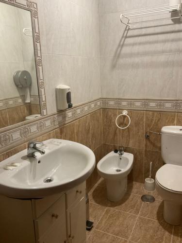 a bathroom with a sink and a toilet and a mirror at Hotel La Chalana in Pola de Laviana