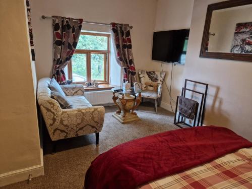 a bedroom with a couch and a chair and a window at Cosy Riverside home in Llanwrda