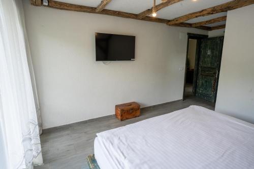 a bedroom with a bed and a tv on the wall at Bârlogul Vikingilor in Şotrile