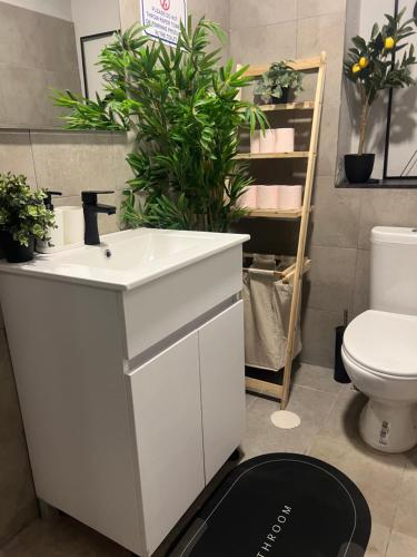 La salle de bains est pourvue d'un lavabo, de toilettes et de plantes. dans l'établissement Ofek's place - Midtown TLV, à Tel Aviv
