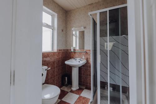 a bathroom with a toilet and a sink and a shower at Sligo Bay Lodge in Rosses Point