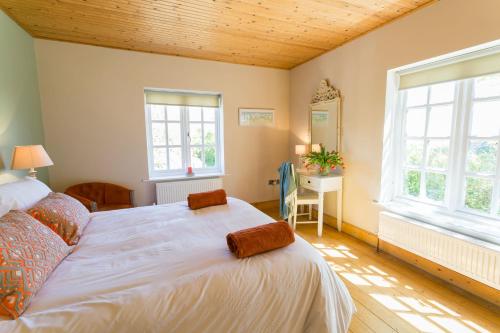 a bedroom with a large bed and two windows at Glan Gors Felin in Llanrhyddlad