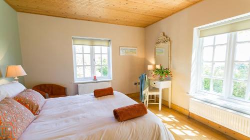 a bedroom with a large bed and two windows at Glan Gors Felin in Llanrhyddlad