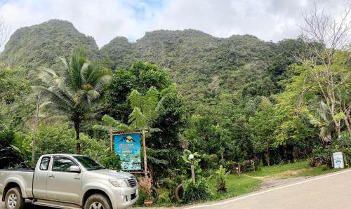 a silver truck parked on the side of a road at Khao Sok Green Mountain View in Khao Sok