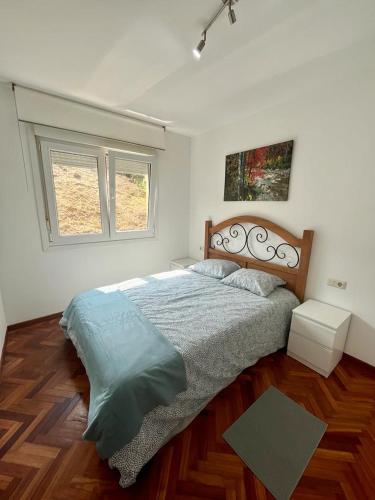 1 dormitorio con 1 cama, suelo de madera y 2 ventanas en RAXEL - MIÑO, en Miño