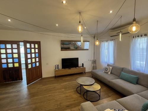 ein Wohnzimmer mit einem Sofa und einem TV in der Unterkunft Neve Tsedek Rooftop in Tel Aviv