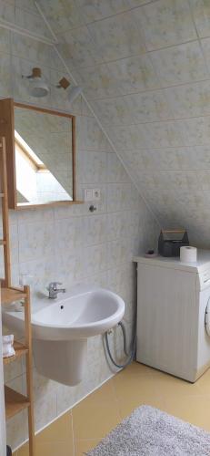 ein Bad mit einem Waschbecken und einem Spiegel in der Unterkunft Nowowiejskiego 11a in Olsztyn