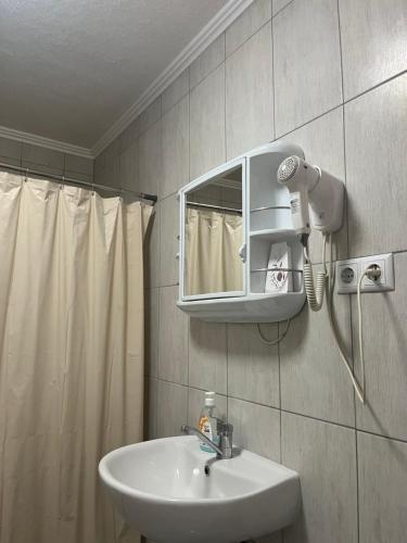 een badkamer met een wastafel, een spiegel en een douche bij River View in Lohovo