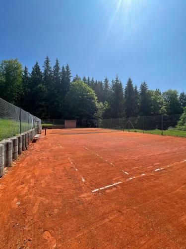 an empty tennis court with trees in the background at Třetí chalupa U Smrčiny in Janske Lazne