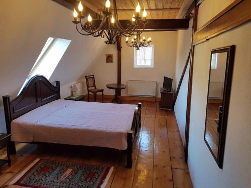 um quarto com uma cama e um lustre em Fewo Niedere Mühlwiese em Grosschönau