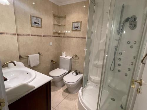 een badkamer met een toilet, een douche en een wastafel bij Centro Historico in Andorra la Vella