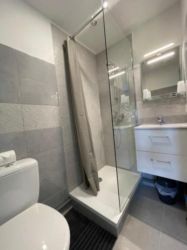 une salle de bain avec une douche, des toilettes et un lavabo dans l'établissement Hotel Restaurant La Ceinture, à Montcalm