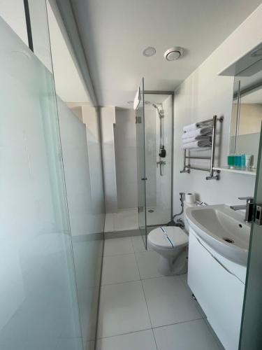 un bagno con doccia, WC e lavandino di Boutique Hotel Dacha Lanzheron a Odessa
