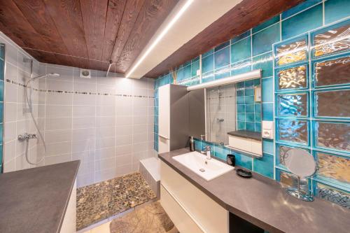 une salle de bain avec lavabo et douche dans l'établissement Apartment with Garden & terrasse very quiet, à Thonon-les-Bains