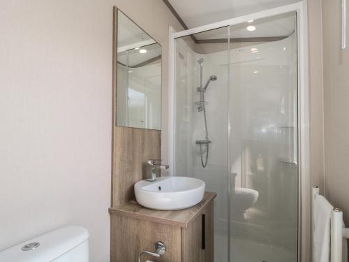 a bathroom with a sink and a shower at Lodge 9 in Winscombe