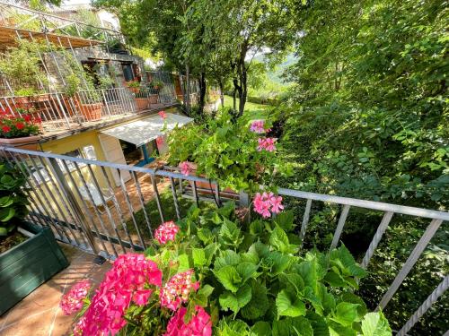 a balcony with pink flowers and a fence at Torretta sleeps 5 with pool and exclusive gardens plus private verandah in Strettura